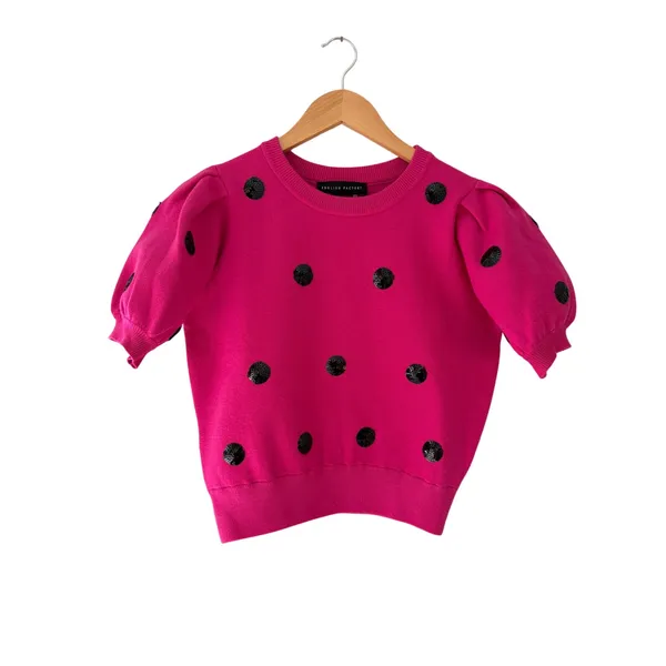 English Factory Hot Pink Sequin Polka Dot Puff Sleeve Sweater S - Image 2
