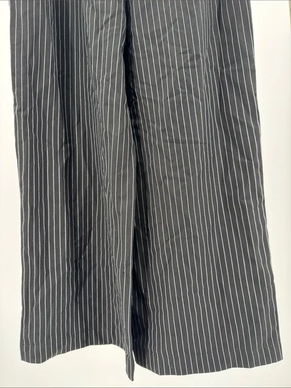 JODIFL Black Pinstripe Elastic-Waist pull on ruffle wide leg Trousers S preppy - Image 3