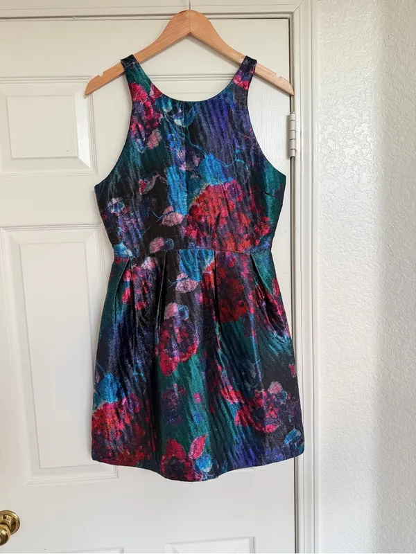 Anthropologie Hutch Watercolor Metallic Floral Textured A-Line Cocktail Dress 6 - Image 2