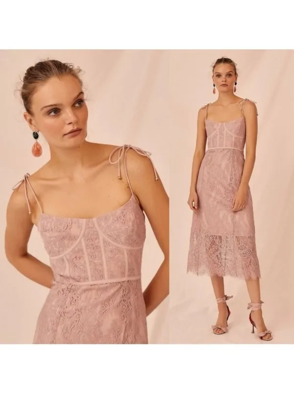 Keepsake The Label Sense Lace Midi Dress 10 Pink Sheer Sweetheart Tie Sleeve - Image 2