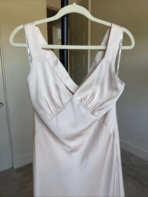 Birdy Grey Champagne Satin V-Neck Maxi Formal Bridesmaids Dress - Size Small - Image 3