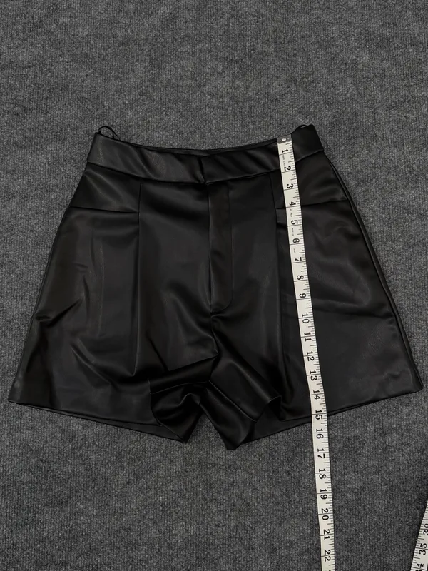 Zara Black Faux Leather high-waisted black tailored pleated shorts - Image 3