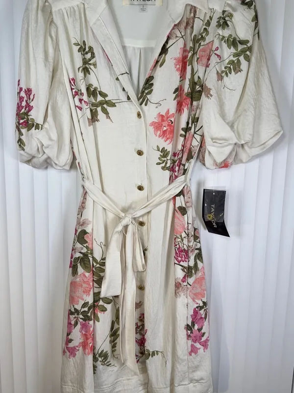 TAYLOR Floral Belted Button Front Mini Shirt Dress Cream Pink Size 2 NWT - Image 4