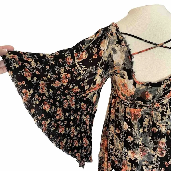 Free People Mini Dress Sz XS Heart Of Gold Dark Floral Boho Bell Sleeve Fairy - Image 15