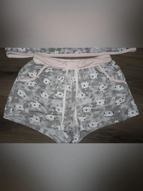 womens Grey Cat Print Short Sleeve Pajama & Shorts Set small - Image 3