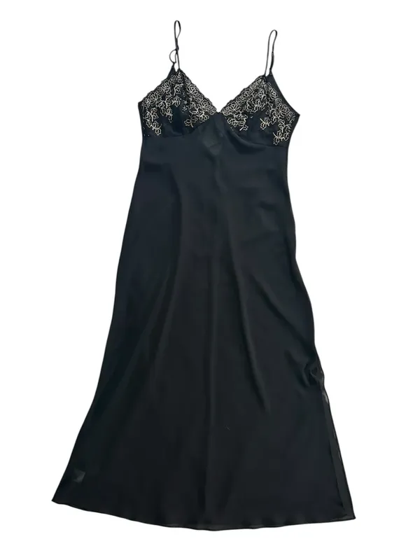 80s Sheer Chiffon Lace Slip Dress Midi Lingerie Sz M Romantic Soft Goth Coquette - Image 6
