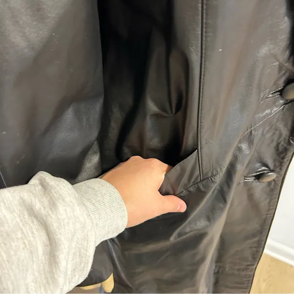 Comint‎ Leather Black Trench Coat Long Duster Jacket Womens Large C5087 Vintage - Image 4