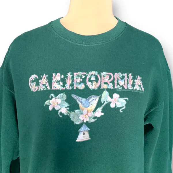 Vintage 90s California Hummingbird Floral Hunter‎ Green Crewneck Sweatshirt XL - Image 2