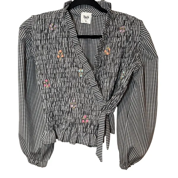 Tach Cedrina Gingham Embroidered Smocked Wrap Blouse Black White‎ Size Small - Image 3