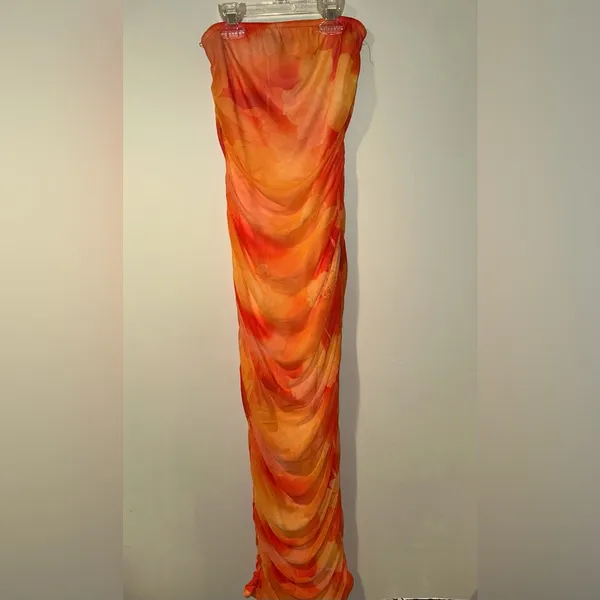 PrettyLittleThing Orange Floral Mesh Bandeau Ruched maxi dress size 2 - Image 2