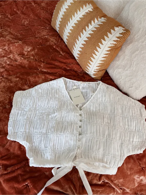 Boheme Alma Smocked SS Blouse White Boxy Summer Buttons Crisp Boho NWT - Image 7