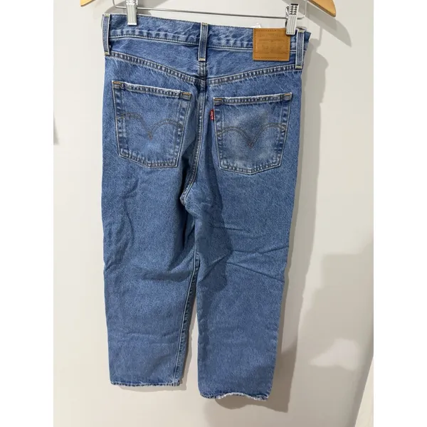 Levis Jeans 29 Blue Ribcage Straight Ankle Button Fly Distressed Med Wash W - Image 7