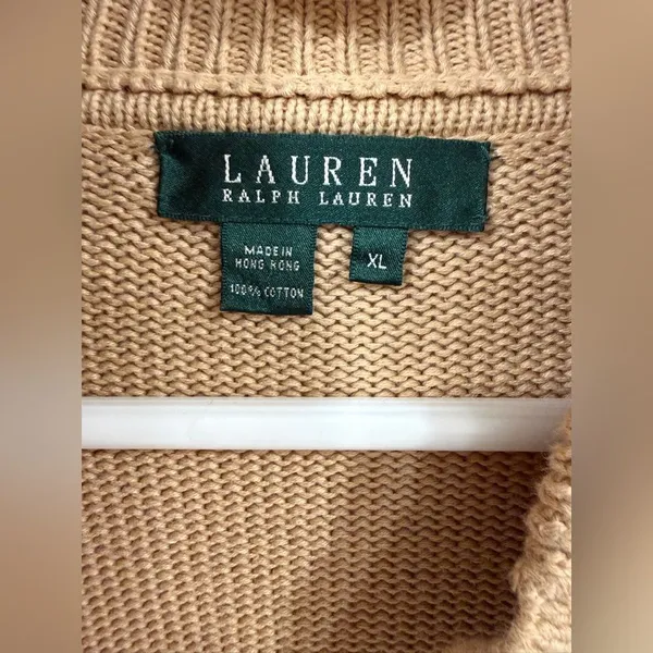 Lauren Ralph Lauren Tan Button-Up Leather Trim Military Cardigan Sweater XL EUC - Image 4