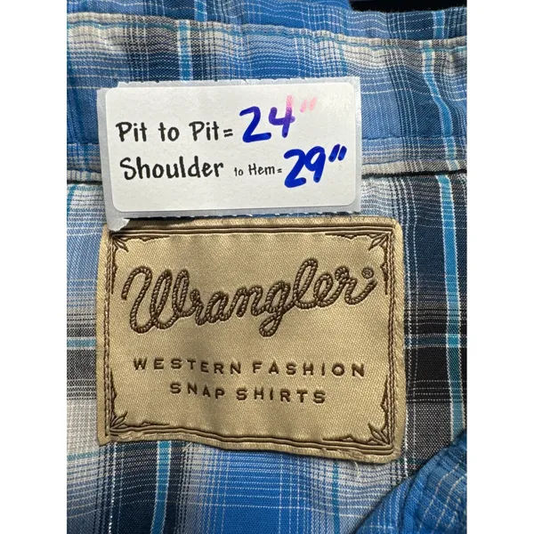 Wrangler Western Snap Shirt Plaid Long Sleeve Cowboy Blue White‎ Silver Treaded - Image 3