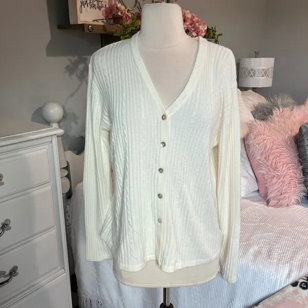 Vintage Classic Cable Knit Cardigan Cream Acrylic Lightweight Sweater Womens M - Image 2