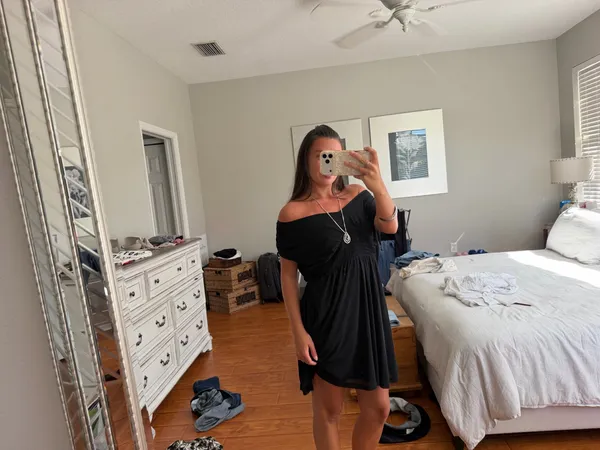 Old Navy black off-the-shoulder smocked mini dress - Image 2