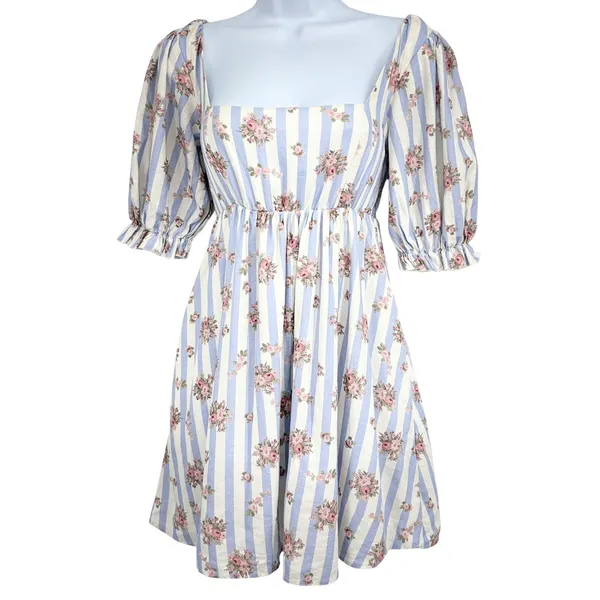 Show Me Your Mumu Mini Dress Womens XS Striped Floral Puff Sleeve Linen‎ Pockets - Image 3