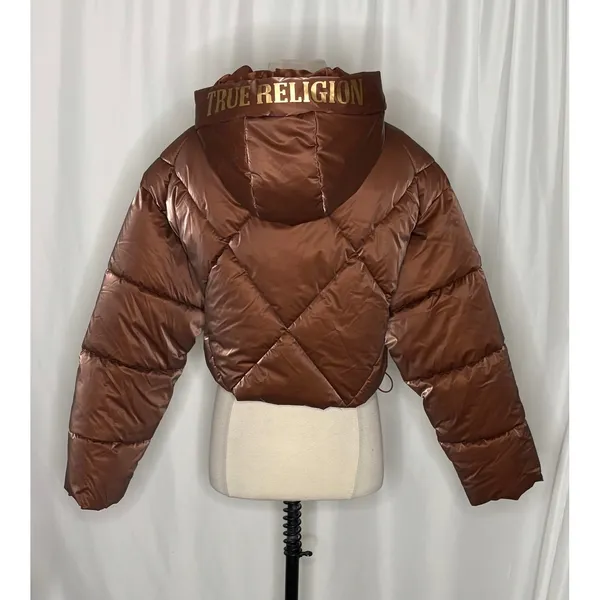 NWT!! TRUE RELIGION High-Shine Metallic Hooded Puffer Jacket Bronze Large - Image 11