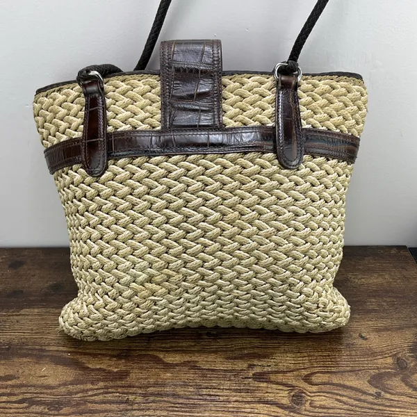 Brighton Straw Tote KORA Lined Purse Bag w/ Leather‎ Trim & Heart Charm Vintage - Image 3
