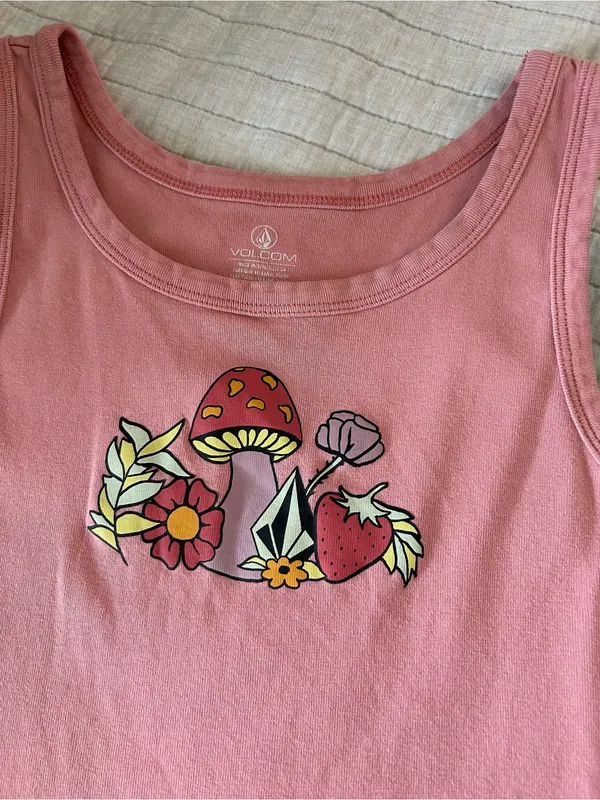 Volcom dusty rose graphic mushroom print crop tank top small - Image 2