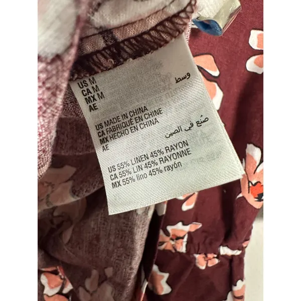Alfani Linen Floral Burgundy Boho Bohemian Modest High Neck Blouse Size Medium - Image 5