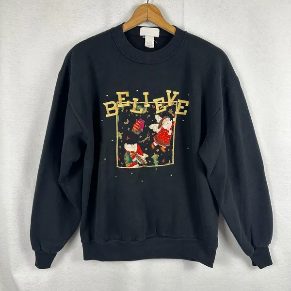 Vintage Quaker Factory Believe Christmas Sweatshirt Santa Angel Black WomenLarge - Image 2