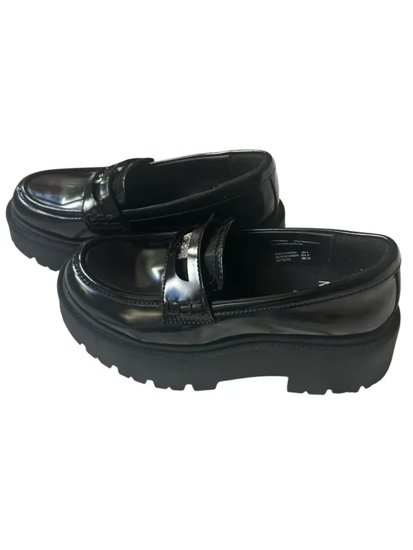 Madden NYC Platform Lug Sole Penny Loafers in shiny black patent finish. - Image 4