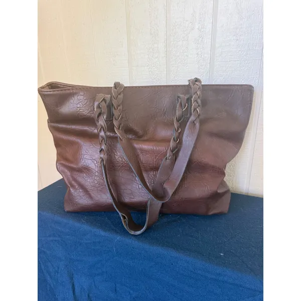 WEIMEIBAIGE Brown Faux Leather Tote Bag Braided Straps Whipstitch Pocket - Image 3