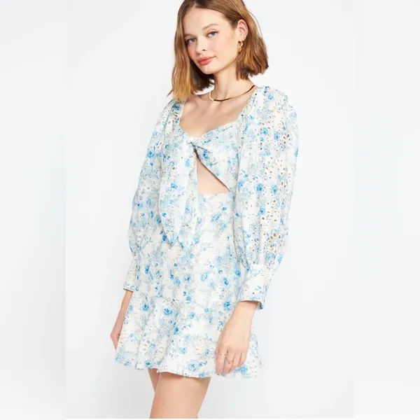 En Saison Claire Eyelet Lace Mini Dress with Tie Blue Floral Small NWT - Image 3