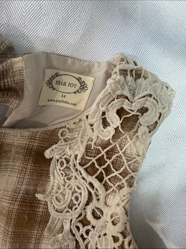 Mia joy Brown Plaid Dress with Cream Lace Yoke - Image 2