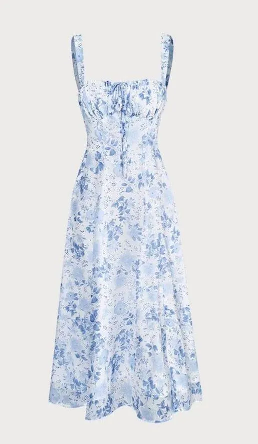 RIHOAS The Blue Square Neck Floral Ruched Midi Dress XS - Image 5
