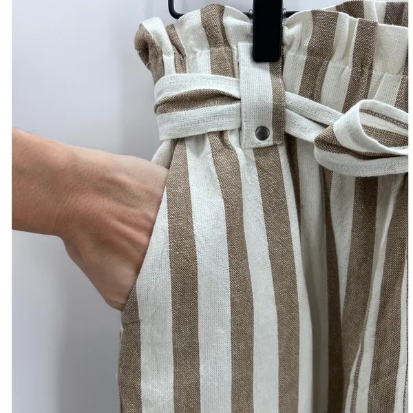 Women's Striped Cotton Paperbag Waist Blend Pants Medium Neutral Minimalist‎ - Image 4