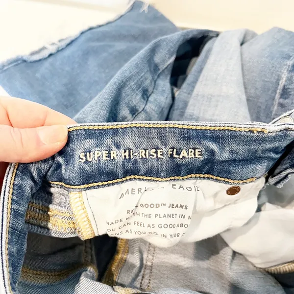 American Eagle Distressed Raw Hem Super High Rise Flare Jeans Blue 2 - Image 5