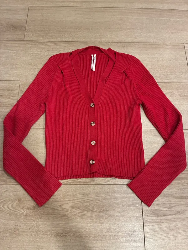 By Anthropologie Women’s V-neck Strappy Cardigan Sweater Red Ribbed Size S - Image 3