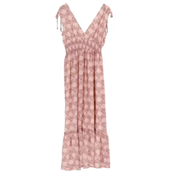 Lush Pink Floral Medallion V-Neck Smocked Waist Tie Shoulder Maxi Dress Large - Image 5