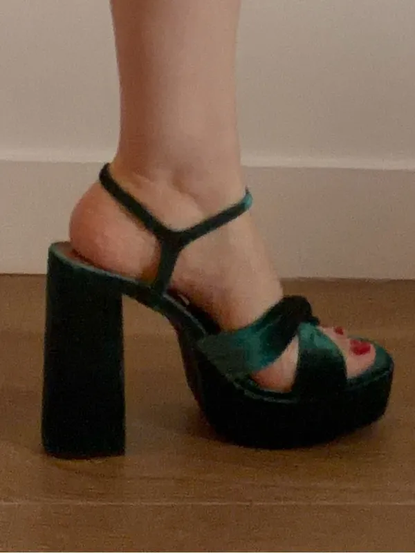 Primark Green Velvet Platform Block Heels gently used - Image 5