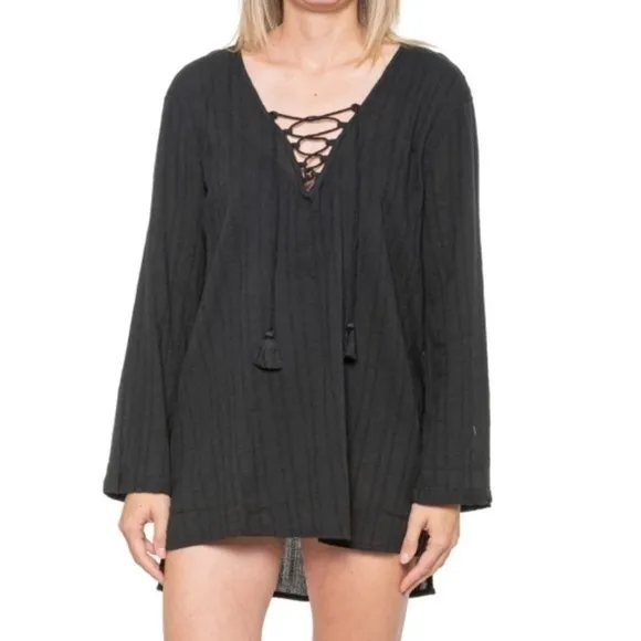 SALE Billabong Black Lace-Up Beach Cover-Up Dress Long Sleeve Boho Small - Image 4