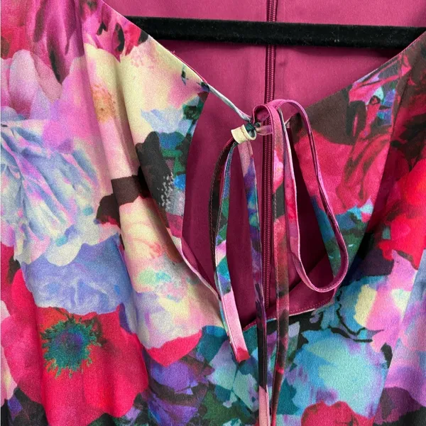 Gianni Bini Floral Dress Lined Balloon Sleeves Flirty Tie Front Keyhole medium - Image 7