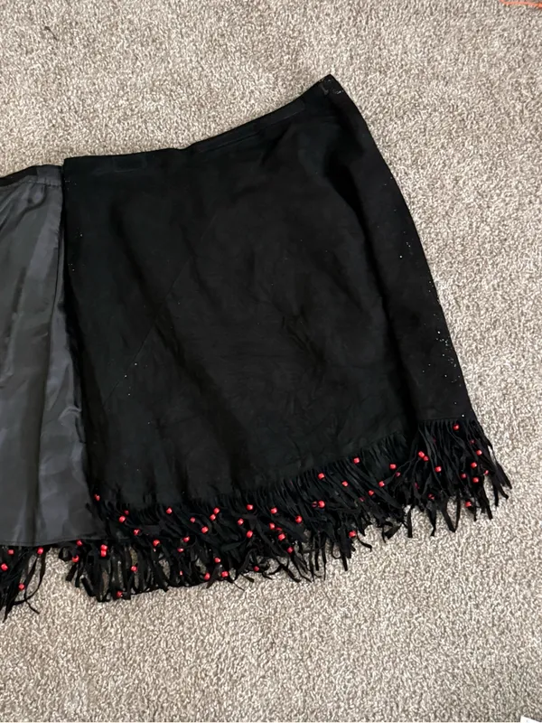 Vintage Black Suede Fringe Red Bead Western Wrap Midi Skirt L XL Cowgirl - Image 9