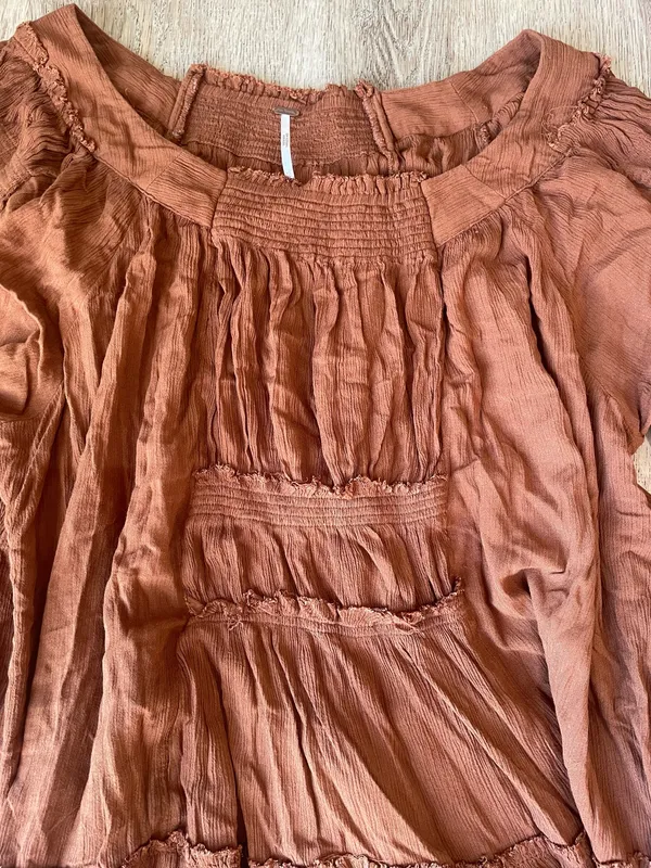 Free People Bea Mini Dress Rust Brown Boho Smocked Tiered Peasant XS - Image 2
