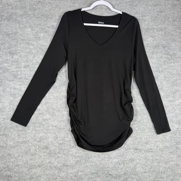 Quince Size-M Maternity Long Sleeve Top Black Tencel Lyocell Ruched V-Neck - Image 2