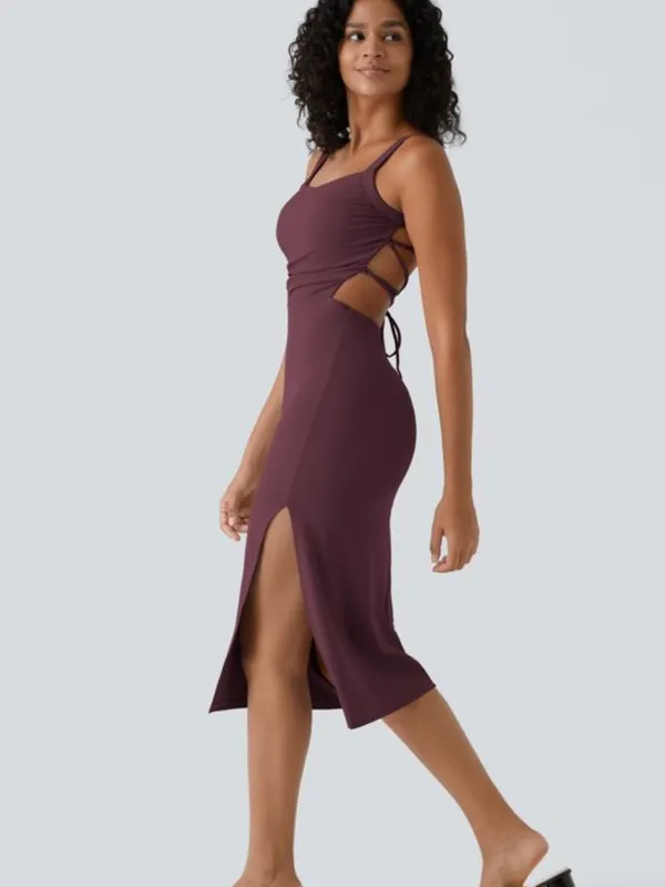 NWOT Halara Red Ruched Lace Up Bodycon Midi Dress - Image 2