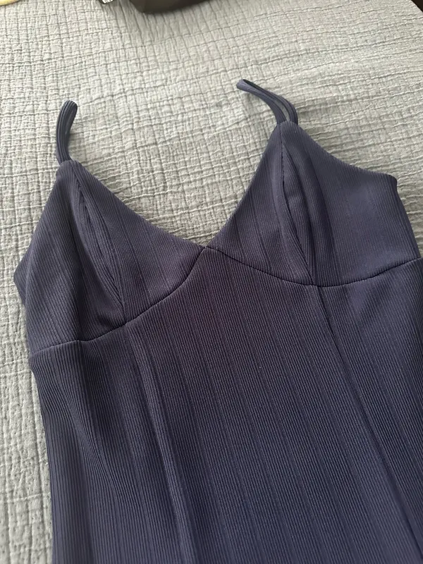 Navy Blue Bodycon Midi Dress with Slit - Image 2