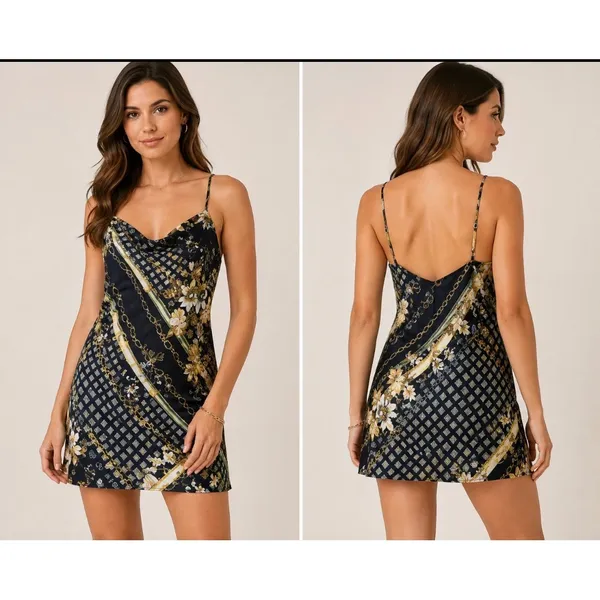 Princess‎ Polly Women Sz 10 Lucci Satin Slip Dress Mini Floral Chain Print Black - Image 2