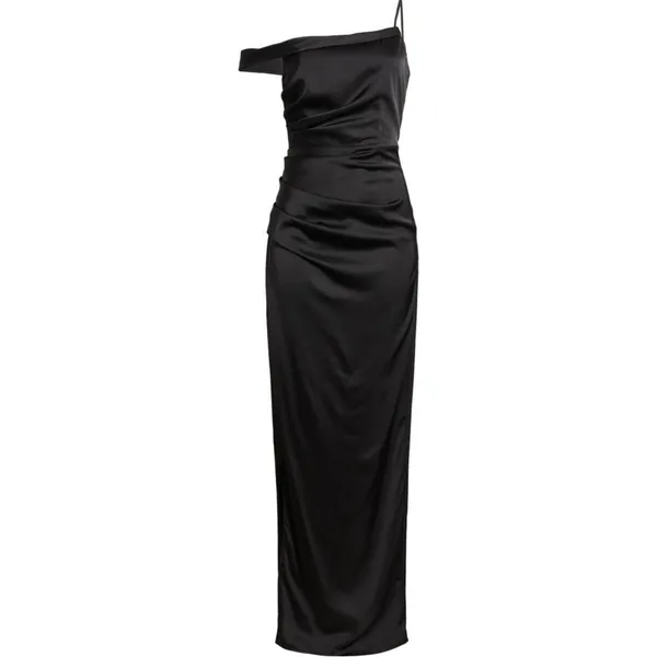 Lush Love Black Satin Asymmetrical High Slit Off-the-Shoulder Dress Size Large - Image 5