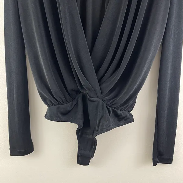 Free People Black Plunging V Neck Faux Wrap Long Sleeve Turnt Bodysuit NEW - Image 6