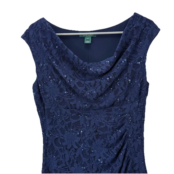 Ralph Lauren Navy Blue Sequin Lace Cowl Neck‎ Sheath Sleeveless Dress Size 10 - Image 6