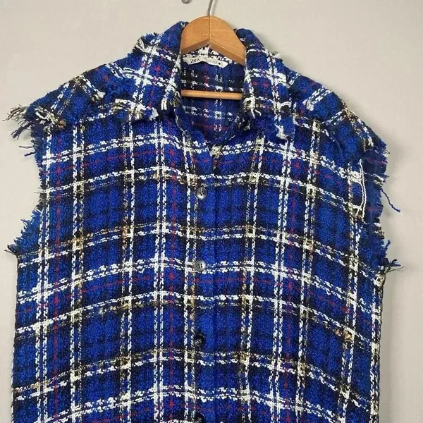 Zara Tweed Textured Mini Dress Size‎ S Small Raw Edge Oversized Check Button Up - Image 3