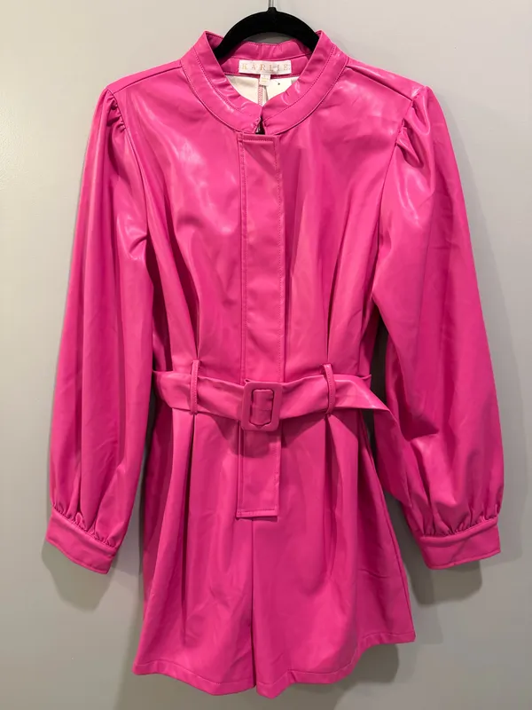 Karlie Faux Leather Long Sleeve Barbie Pink Belt Detail Romper - Image 3