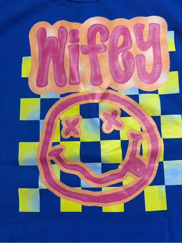 Gildan Royal Blue 'Wifey' Graphic Sweatshirt with Neon Pink and Yellow Print - Image 5